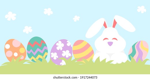 Banner de Pascua con huevos pintados y conejito