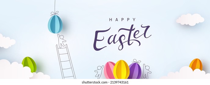 Easter banner with paper colorful eggs on sky blue background. 3d festive postcard. Vector greeting card template