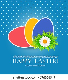 Easter banner with paper eggs and daisy flower. Calligraphic design element.