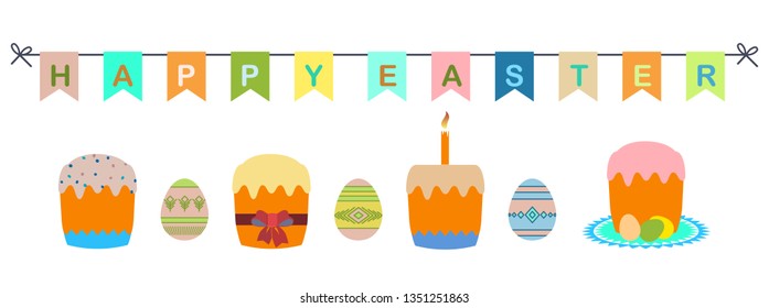 Easter banner for party. Flags, eggs, pies. Vector illustration.
