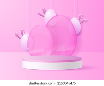 Banner de Semana Santa con podio para la presentación de productos. Podio redondo o pedestal con huevos y orejas.