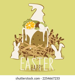 Easter banner, a postcard with an image of an Easter bun, eggs, flowers, candles. Design elements for postcards, flyers, banners, flyers. Delicate shades, cute illustration. Vector illustration
