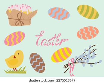 Easter banner, poster, greeting card. Trendy Easter design with hand written lettering, chicken, pie, eggs, yew branches, in pastel colors. Modern minimalist flat style