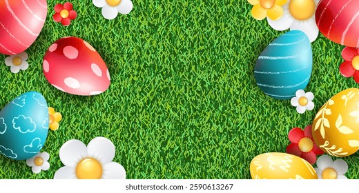Easter banner, poster, greeting card horizontal background. Colorful 3d eggs, daisy, chamomile flowers on green grass lawn. Vector holiday illustration with place for text