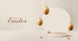 Easter Banner For Product Demonstration. Round Pedestal Or Podium With Gold Easter Eggs On Cream Background.