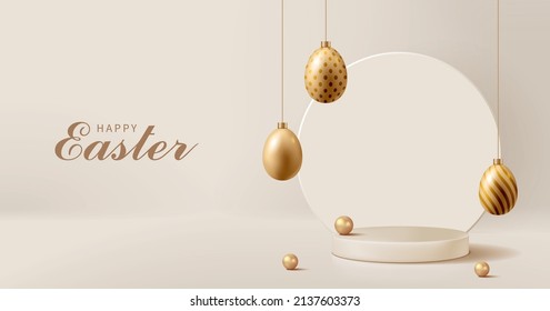 Easter banner for product demonstration. Round pedestal or podium with gold Easter eggs on cream background.