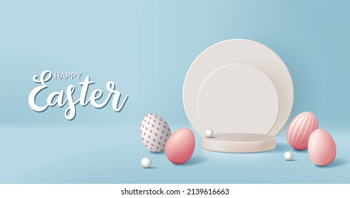 Easter banner for product demonstration. Round pedestal or podium with Easter eggs on blue background.