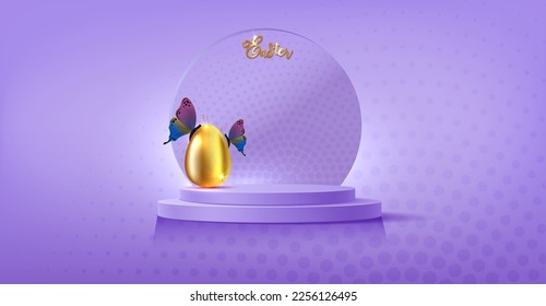 Osterbanner für Produktvorführung. Rund Podium mit goldenem Osterei und schönen Schmetterlingen auf violettem Hintergrund