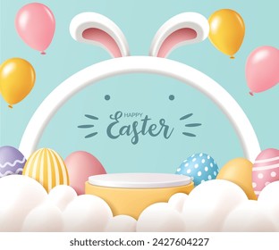 Banner de Pascua para demostración de productos. Pedestal redondo o podio con huevos de Pascua y globos sobre fondo verde pastel.
