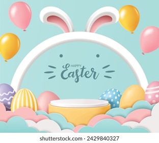 Easter banner for product demonstration. Round pedestal or podium with Easter eggs and balloons on pastel green background.