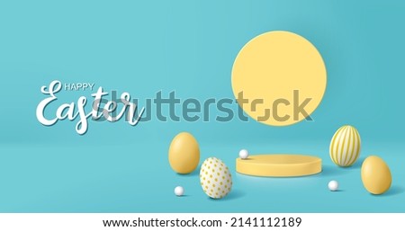 Easter banner for product demonstration. Round pedestal or podium with Easter eggs on blue background.