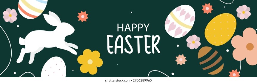 Easter Banner with Rabbit, Colorful Eggs and Flowers on Dark Green Background. The flat cartoon design is perfect for holiday promotions, seasonal greeting cards, web banners, poster