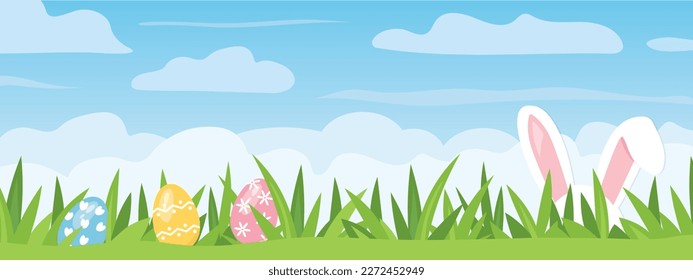 easter banner with rabbit ears and eggs in green grass- vector illustration