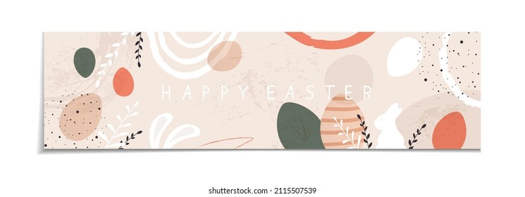 Easter banner with rabbit, ears, holiday eggs and plants. Lettering Happy Easter on abstract grunge background. Illustration with bunny can be used for holiday design, banners, greeting cards.