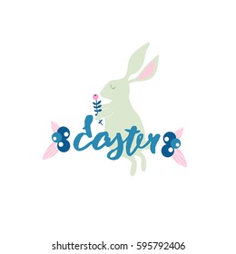 Easter banner with rabbit. Eater hand lettering. Spring floral composition.Greeting background.Vector Illustration