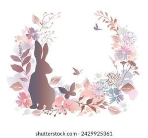 Easter banner with rabbit, flowers and butterflies in watercolor style. Easter wreath design. Vector illustration.
