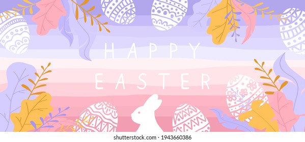 Easter banner with rabbit, holiday eggs and plants. Lettering Happy Easter on pink and purple nature background. Illustration with bunny can be used for holiday design, banners, greeting cards.