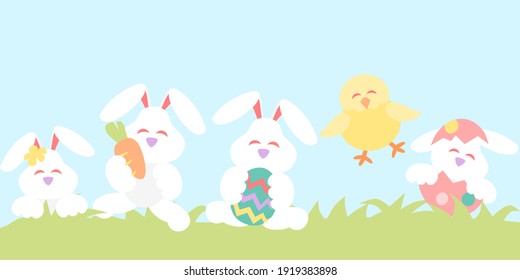 Easter banner with rabbits and chicken