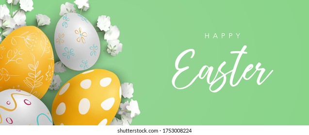 Easter banner with realistic eggs and white flowers on green background. Vector illustration template for sale, discount, promotion, invitation, greeting, poster, web, social media.