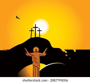 Easter banner with the resurrected Jesus Christ with a halo and outstretched arms on the background of a hill with three crosses at sunrise. Religious vector illustration in black and yellow colors