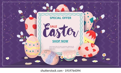 Easter Banner sale, lots of colored eggs lying next to a text sign, flat vector illustration for holiday decoration, purple background design
