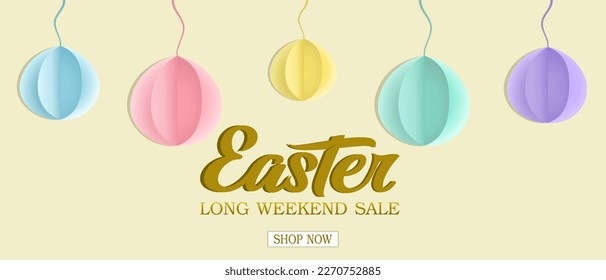 Easter banner sale vector, eggs hang on a thread with pastel color design paper cut style