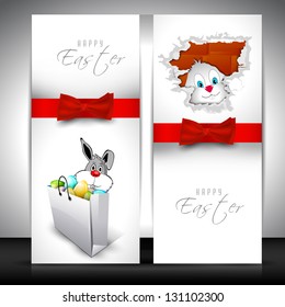 Easter banner set with bunny, glossy eggs, and red ribbon.