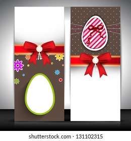 Easter banner set with decorated eggs and red ribbon.