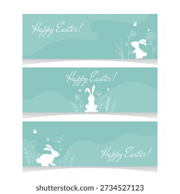 Easter banner set. Templates with rabbit, flowers, herbs and congratulatory text. Happy Easter horizontal layout bundle. Vector graphics