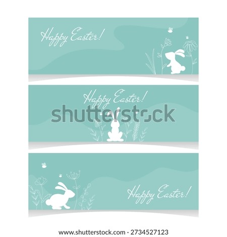 Easter banner set. Templates with rabbit, flowers, herbs and congratulatory text. Happy Easter horizontal layout bundle. Vector graphics