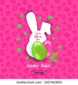 Easter banner with silhouette of bunny, multicolored realistic pink green eggs. Easter offer