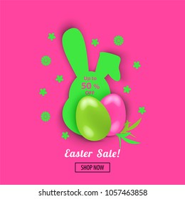 Easter banner with silhouette of bunny, multicolored realistic pink green eggs. Easter offer
