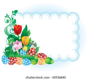 Cartel de Pascua con flores de primavera y huevos. Imagen vectorial.