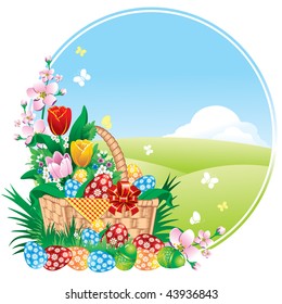 Easter banner with spring flowers and painted eggs. Vector.