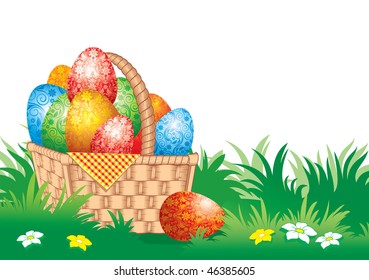 Easter banner with spring flowers and painted eggs. Vector.