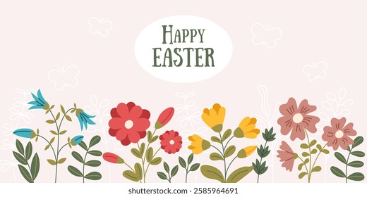 Easter banner with spring flowers. Vector spring background in flat style.