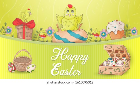 Easter banner, in the style of children's Doodle, a chicken sits on an egg among the flowers of a cake, a box, and the inscription congratulations vector EPS 10