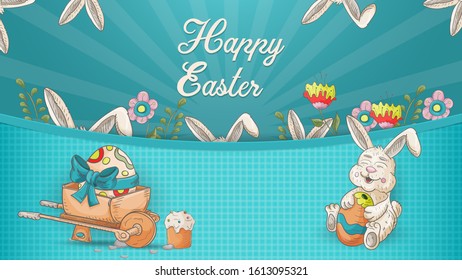 Easter banner, in the style of children's Doodle, wheelbarrow with egg rabbit, and many ears inscription greeting vector EPS 10