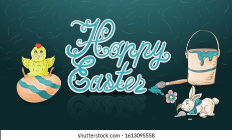 Easter banner, in the style of children's Doodle, a large inscription congratulations on a dark blue background, reflected from the floor a chicken sitting on an egg, a bucket of paint and a brush vec