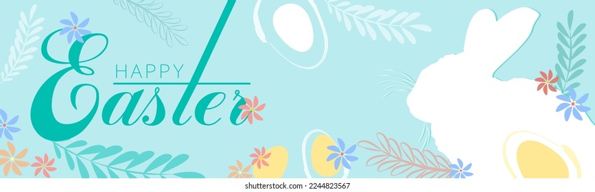 Easter banner with stylized eggs, silhouette of a rabbit and plant elements. Happy easter. Festive banner in pastel colors