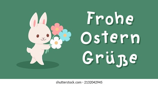 Easter banner template with Easter bunny holding flowers. German lettering "Frohe Ostern Grüße", in English means "Happy Easter greetings". Easter greeting card template with typography. Horizontal