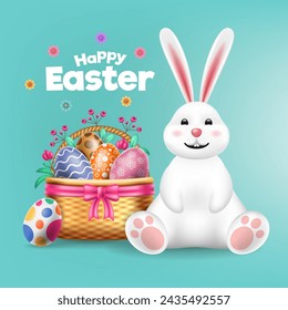 Easter banner template with colorful Easter eggs on a basket, flowers, and a cute bunny. Happy Easter Greetings text. Promotion and shopping template for Easter. Vector illustration background.