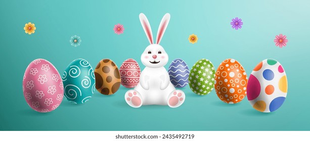 Osterbanner-Vorlage mit bunten Ostereiern, Blumen und einem niedlichen Häschen. Frohe Ostern Gruß Text. Promotion und Shopping-Vorlage für Ostern. Hintergrund der Vektorgrafik.