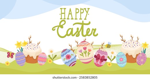 Easter banner template with easter dessert kulich and easter painted eggs. bright frame cute, banner, poster. vector illustration