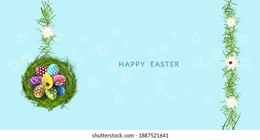 Easter banner. Template with Easter eggs in grass nest for greeting card or promotion and shopping template for Easter.