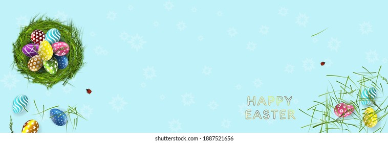 Cartel de Pascua. Plantilla con huevos de Pascua en nido de hierba para tarjeta de felicitación o promoción y plantilla de compras para Pascua.