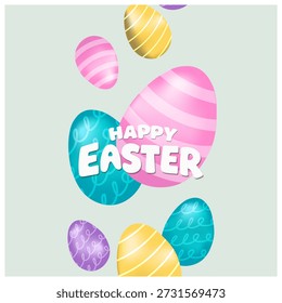 Plantilla de Anuncio de Pascua con huevos de Pascua, cartel de feliz día de Pascua, tarjetas, portada, Anuncios establecidos para las redes sociales Saludos y regalos Compras de promoción en lindos huevos y conejitos realistas en 3D de colores.