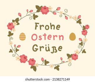 Easter banner template with Easter eggs inside flower wreath. German lettering in English means "Happy Easter greetings". Easter greeting card template with typography. Horizontal poster design.