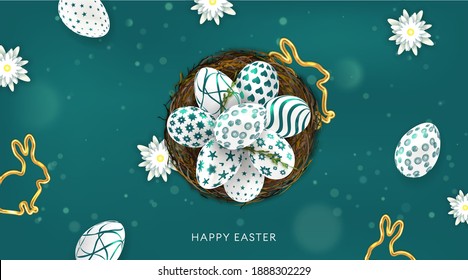 Easter banner. Template with Easter eggs in nest for greeting card or promotion and shopping template for Easter.