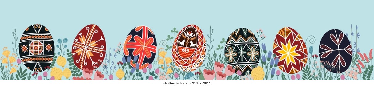 Plantilla de banner de Pascua con huevos de Pascua. Huevos tradicionales de Pascua. Pascua en Europa, Ucrania, Polonia. Cute Springtime diseño de borde de huevos y flores silvestres, ilustración de banner vectorial. Gente.